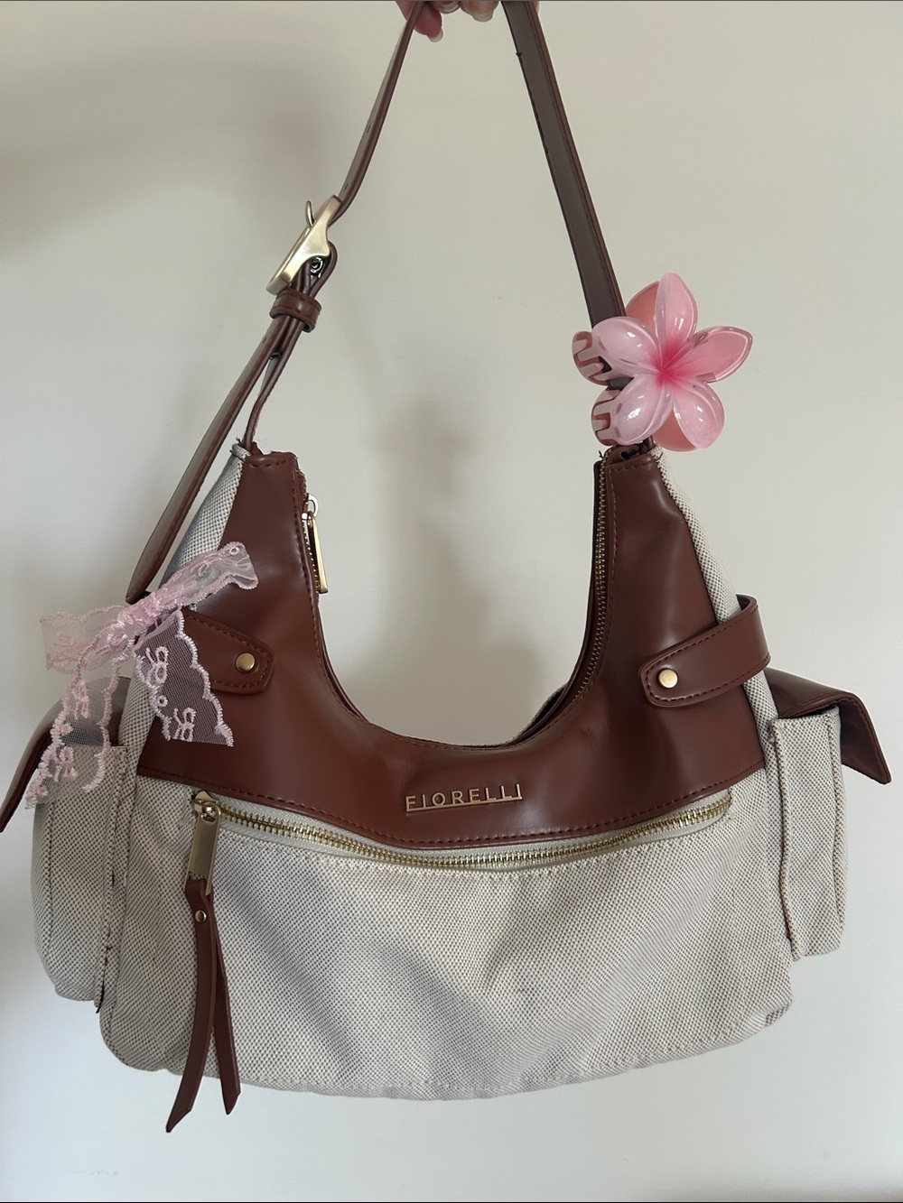 Fiorelli Izzie Shoulder Bag Canvas & Faux Leather Brown Cream Multipocket